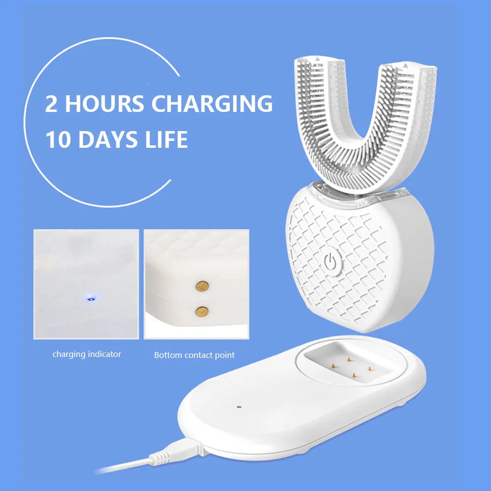 New 360 Degrees Intelligent Automatic Sonic Electric Toothbrush USB Rechargeable Ultrasonic U Shape 4 Modes Timer Blue Light