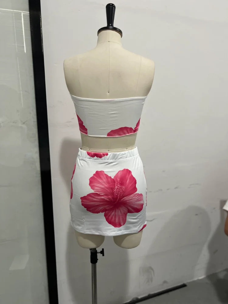 Sexy Slim Fit Short Skirt 2-piece Set Flower Printed Women Backless Off Shoulder Split Ruffle Bikini Tops Sets Female Beachwear