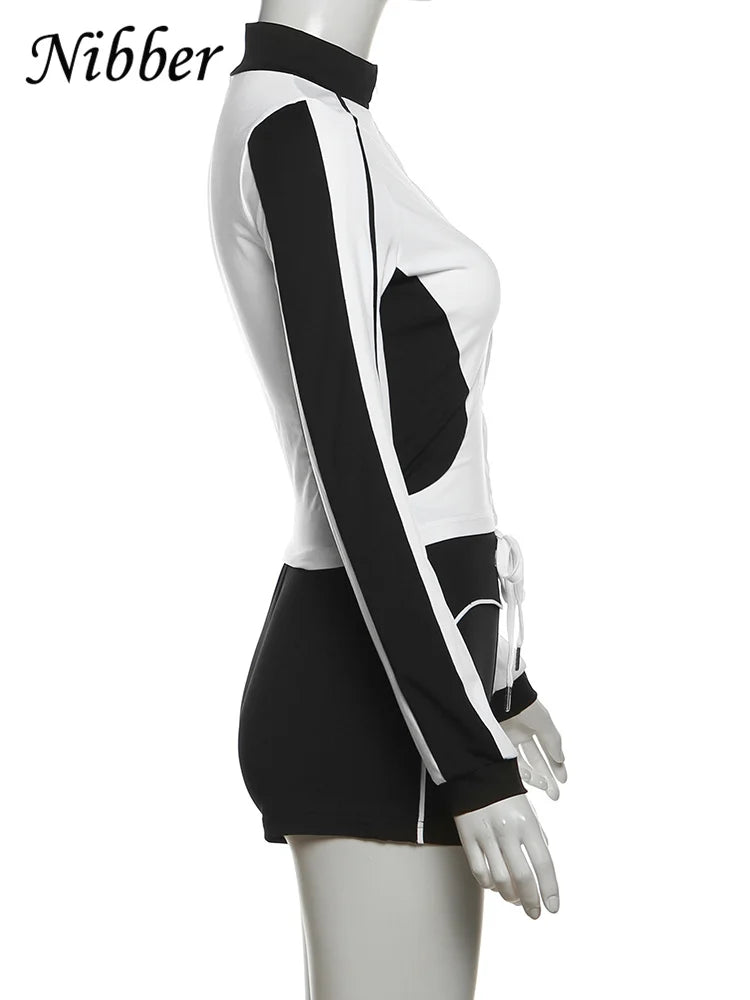 Nibber Casual Sporty 2piece Set Women Fall Trend Zip Hipster Patchwork Crop Jacket+Shorts Matching Classic Tracksuit Outfits
