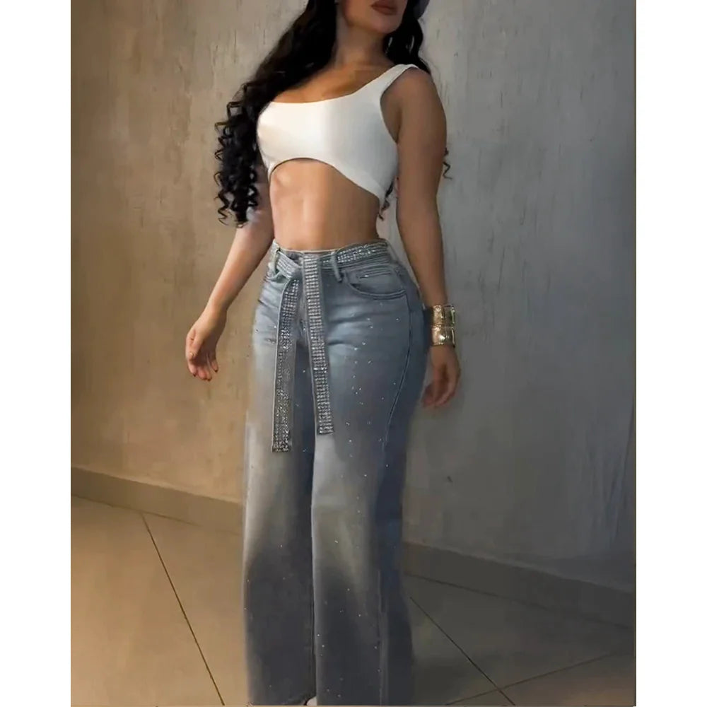 Women Allover Rhinestone Decor High Waist Zipper Fly Jeans Casual Wide Leg Loose Fit Denim Pants without Rhinestone Decor Belt