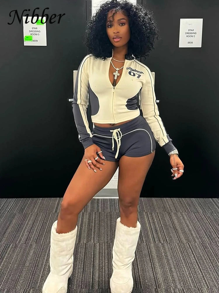Nibber Casual Sporty 2piece Set Women Fall Trend Zip Hipster Patchwork Crop Jacket+Shorts Matching Classic Tracksuit Outfits