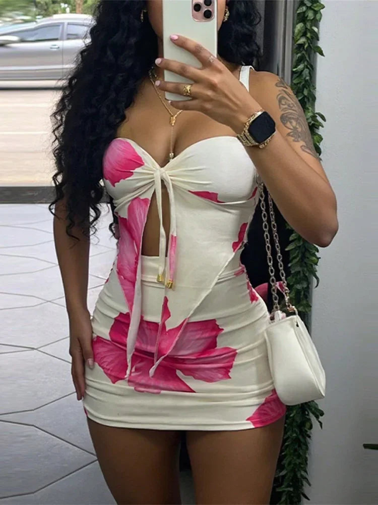 Sexy Slim Fit Short Skirt 2-piece Set Flower Printed Women Backless Off Shoulder Split Ruffle Bikini Tops Sets Female Beachwear