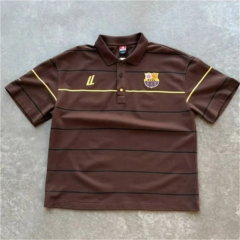 Y2k Retro Harajuku T Shirt Two Color Embroidered Logo Striped Patchwork Barca Polo Shirt Trendy Hiphop Men Women Oversized Tops