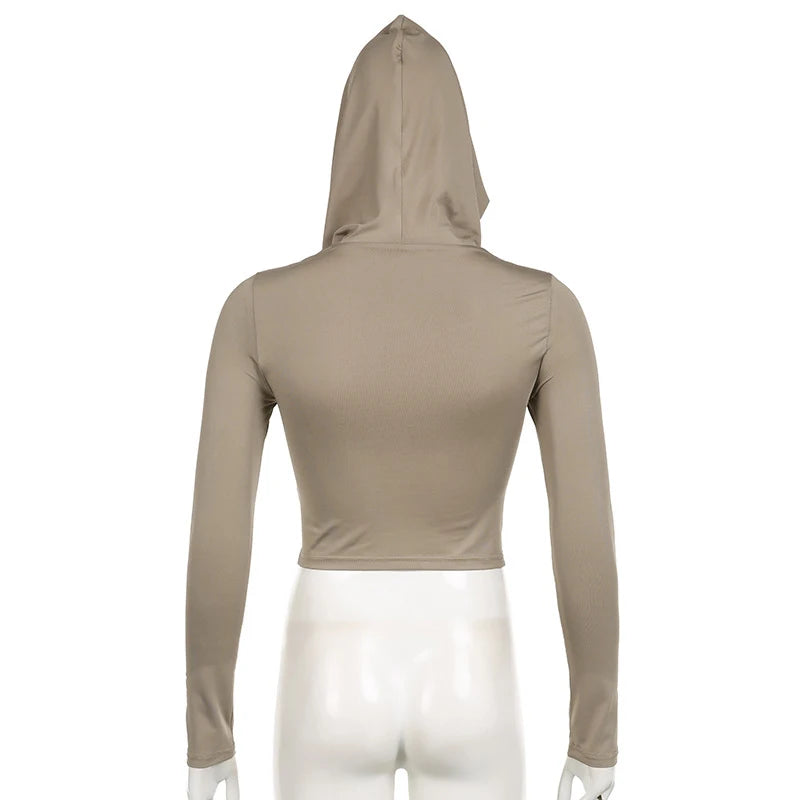 Women's Hooded Crop Tops Autumn Solid Color Long Sleeve Cowl Neck Slim Fit Short T-Shirt Streetwear Sporty Basics Tees