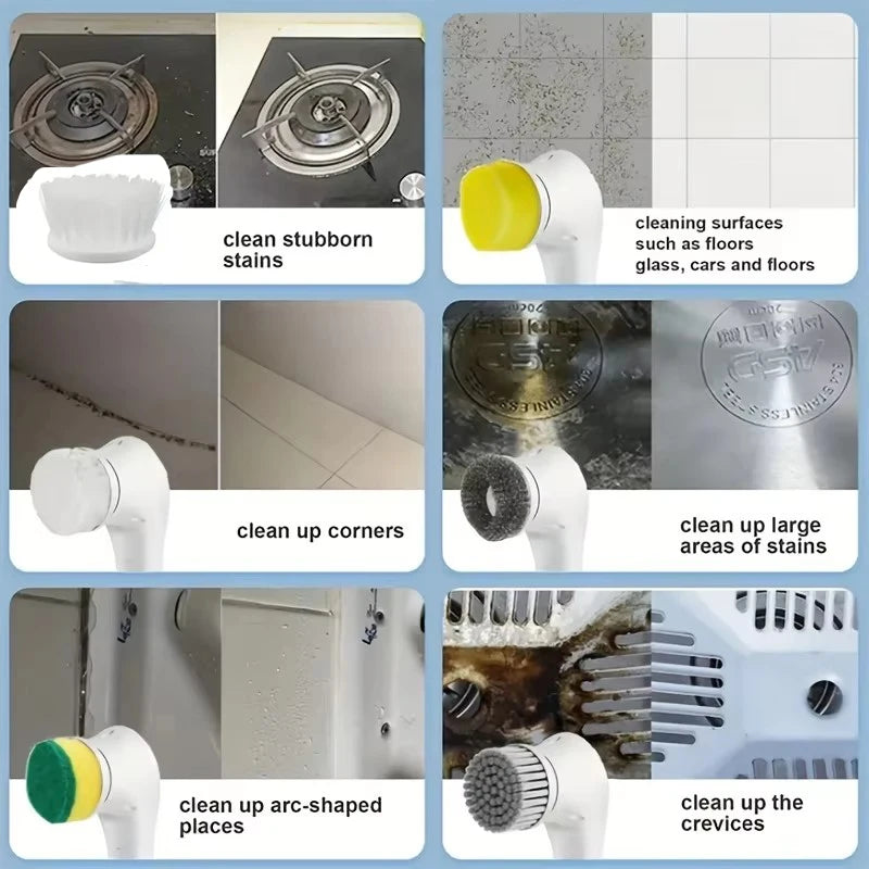 Electric Spin Cleaning Brush with 5 PCS Heads Wireless Handheld Scrubber Suitable Scrub Brush for Bathroom Kitchen Bathtub Tile