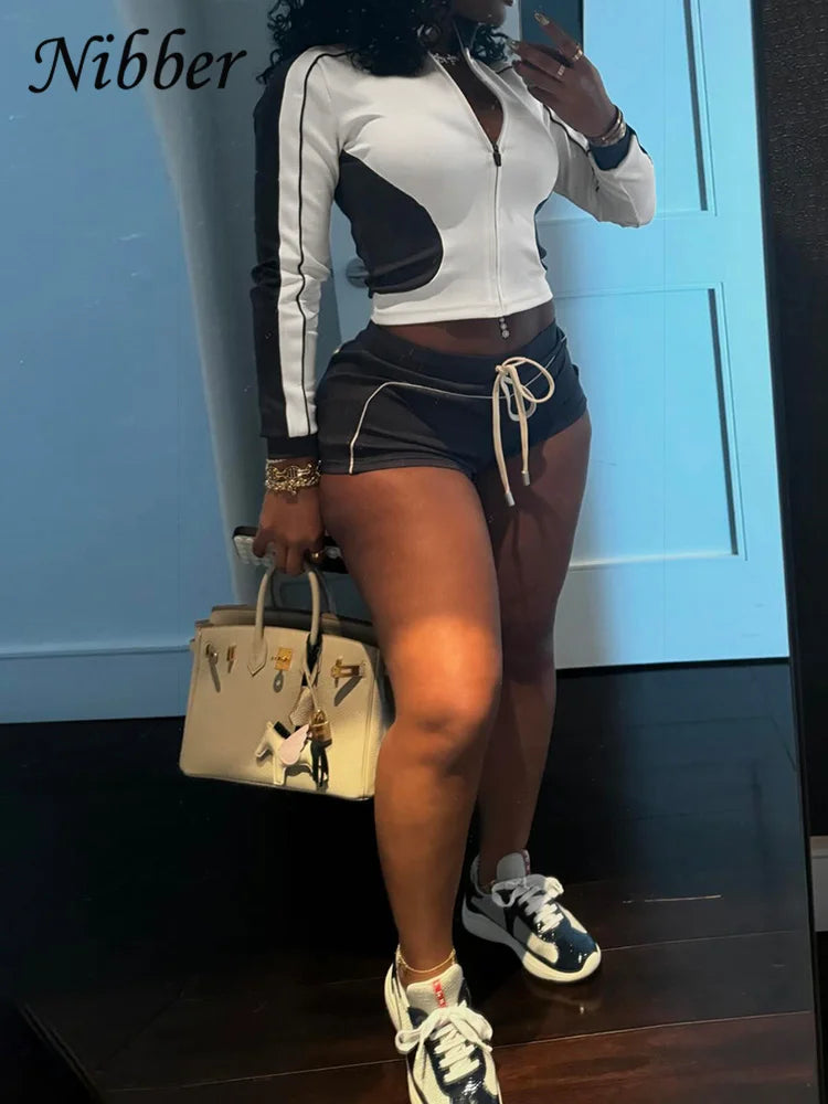 Nibber Casual Sporty 2piece Set Women Fall Trend Zip Hipster Patchwork Crop Jacket+Shorts Matching Classic Tracksuit Outfits