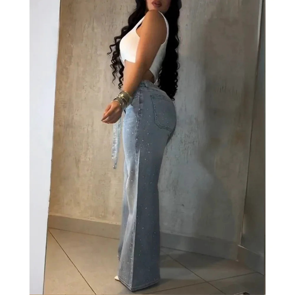 Women Allover Rhinestone Decor High Waist Zipper Fly Jeans Casual Wide Leg Loose Fit Denim Pants without Rhinestone Decor Belt