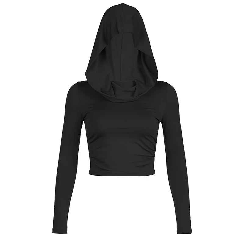 Women's Hooded Crop Tops Autumn Solid Color Long Sleeve Cowl Neck Slim Fit Short T-Shirt Streetwear Sporty Basics Tees
