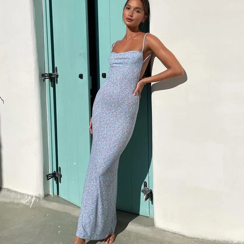 Long Floral Suspender Dress Nsummer Sexy Backless Slimming Beach Dress Fashionable Simple Printed Banquet Women's Clothing
