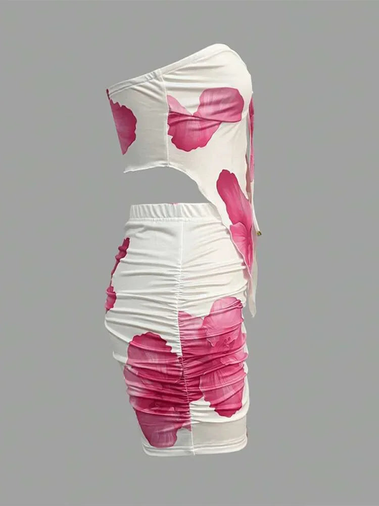 Sexy Slim Fit Short Skirt 2-piece Set Flower Printed Women Backless Off Shoulder Split Ruffle Bikini Tops Sets Female Beachwear