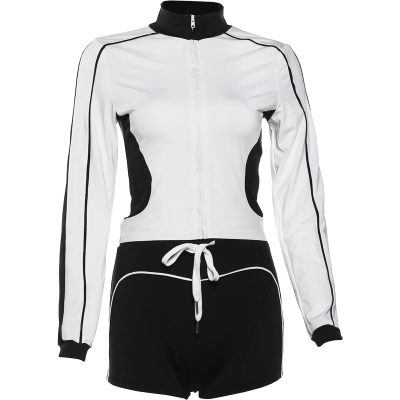 Nibber Casual Sporty 2piece Set Women Fall Trend Zip Hipster Patchwork Crop Jacket+Shorts Matching Classic Tracksuit Outfits