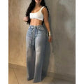 Women Allover Rhinestone Decor High Waist Zipper Fly Jeans Casual Wide Leg Loose Fit Denim Pants without Rhinestone Decor Belt