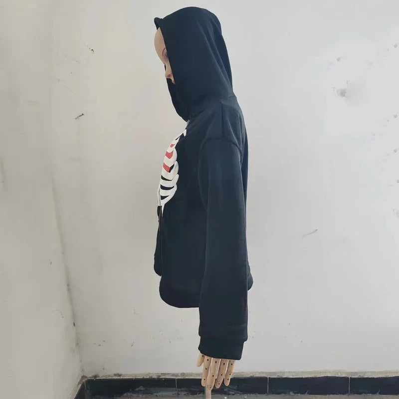 Y2K Skeleton Hoodies Women 2025 Vrouwen Gothic Zwart Zip Up Oversized Sweatshirt Dames Retro Harajuku Capuchon Streetwear Tops