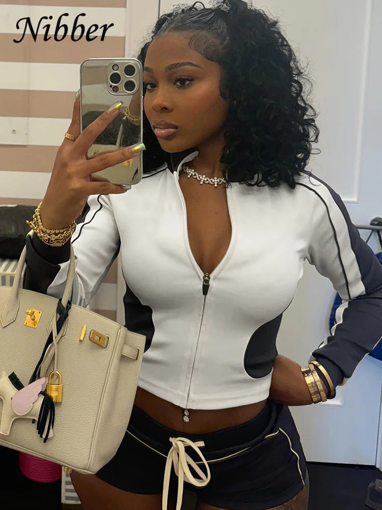 Nibber Casual Sporty 2piece Set Women Fall Trend Zip Hipster Patchwork Crop Jacket+Shorts Matching Classic Tracksuit Outfits