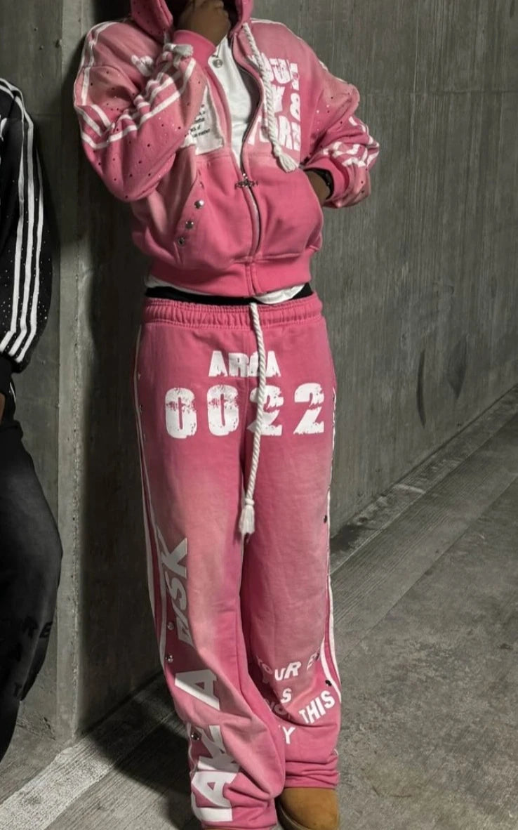 Y2k Sportswear Two Piece Set Men and Women Hip Hop Harajuku Retro Patch Print Oversized Hoodie Sweatshirt Punk Casual Sweatpants