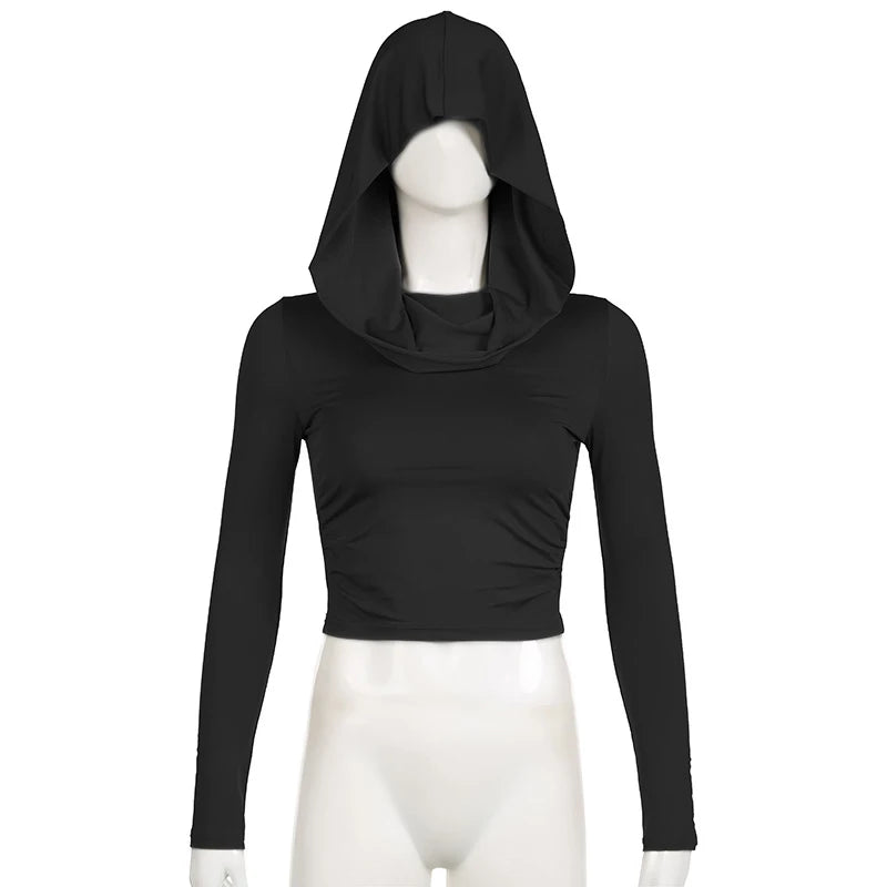 Women's Hooded Crop Tops Autumn Solid Color Long Sleeve Cowl Neck Slim Fit Short T-Shirt Streetwear Sporty Basics Tees
