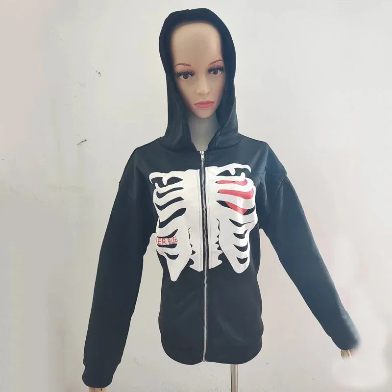 Y2K Skeleton Hoodies Women 2025 Vrouwen Gothic Zwart Zip Up Oversized Sweatshirt Dames Retro Harajuku Capuchon Streetwear Tops
