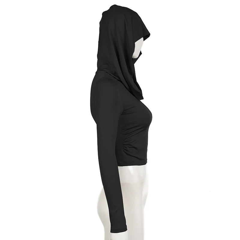 Women's Hooded Crop Tops Autumn Solid Color Long Sleeve Cowl Neck Slim Fit Short T-Shirt Streetwear Sporty Basics Tees