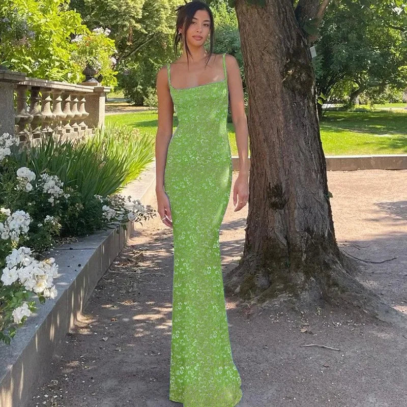 Long Floral Suspender Dress Nsummer Sexy Backless Slimming Beach Dress Fashionable Simple Printed Banquet Women's Clothing