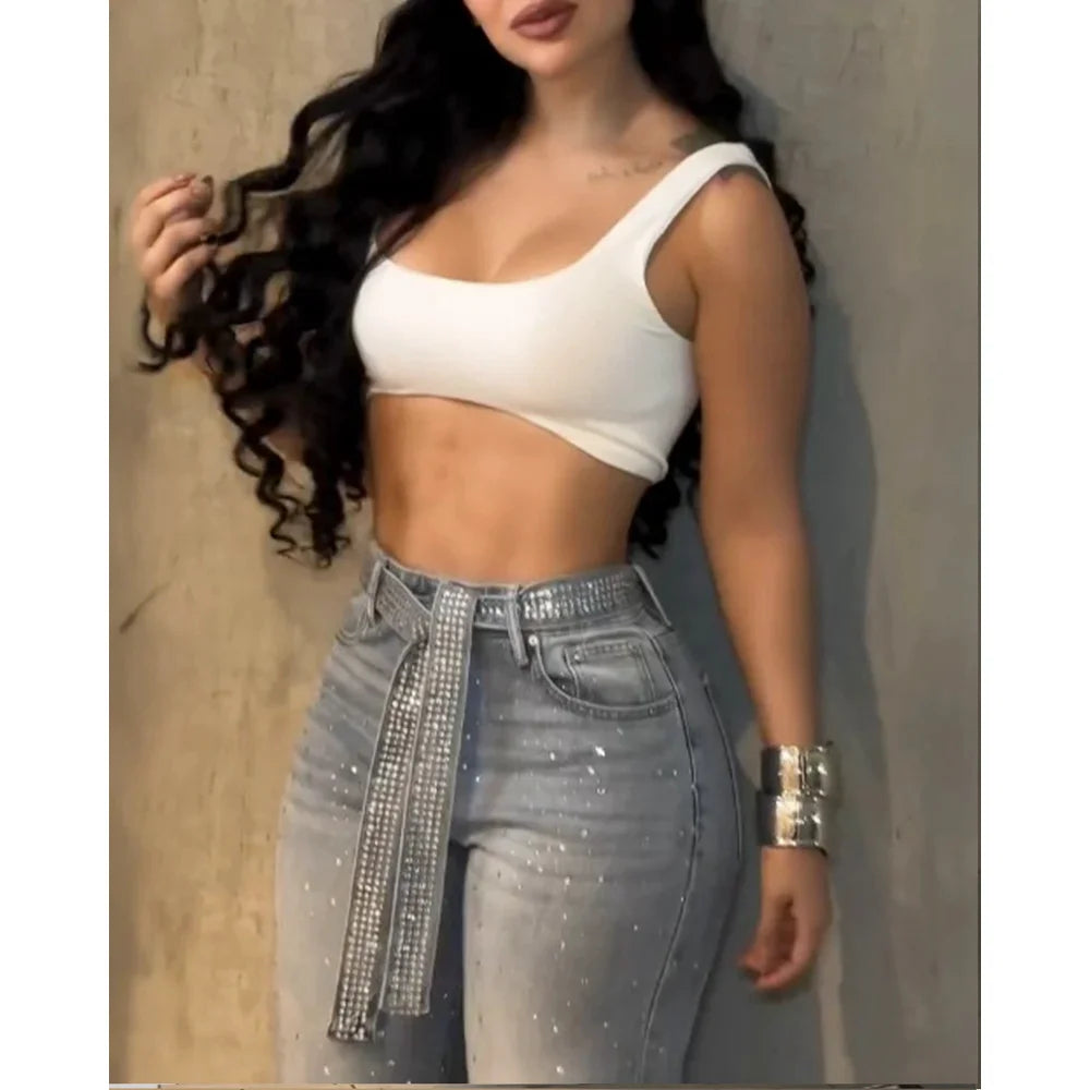 Women Allover Rhinestone Decor High Waist Zipper Fly Jeans Casual Wide Leg Loose Fit Denim Pants without Rhinestone Decor Belt