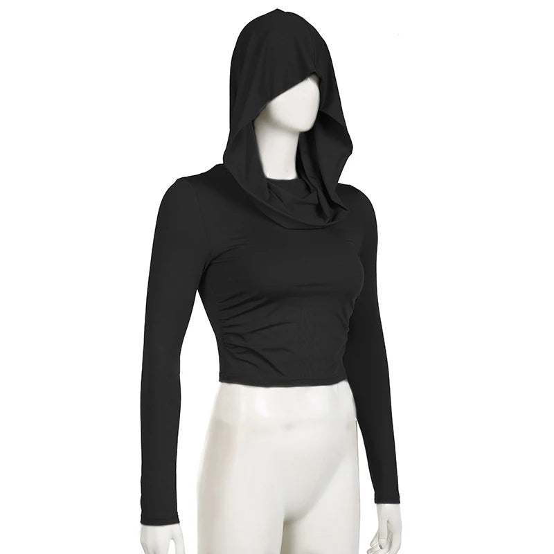 Women's Hooded Crop Tops Autumn Solid Color Long Sleeve Cowl Neck Slim Fit Short T-Shirt Streetwear Sporty Basics Tees
