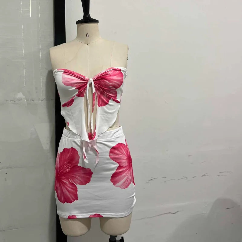 Sexy Slim Fit Short Skirt 2-piece Set Flower Printed Women Backless Off Shoulder Split Ruffle Bikini Tops Sets Female Beachwear