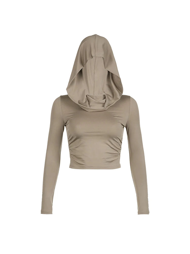 Women's Hooded Crop Tops Autumn Solid Color Long Sleeve Cowl Neck Slim Fit Short T-Shirt Streetwear Sporty Basics Tees