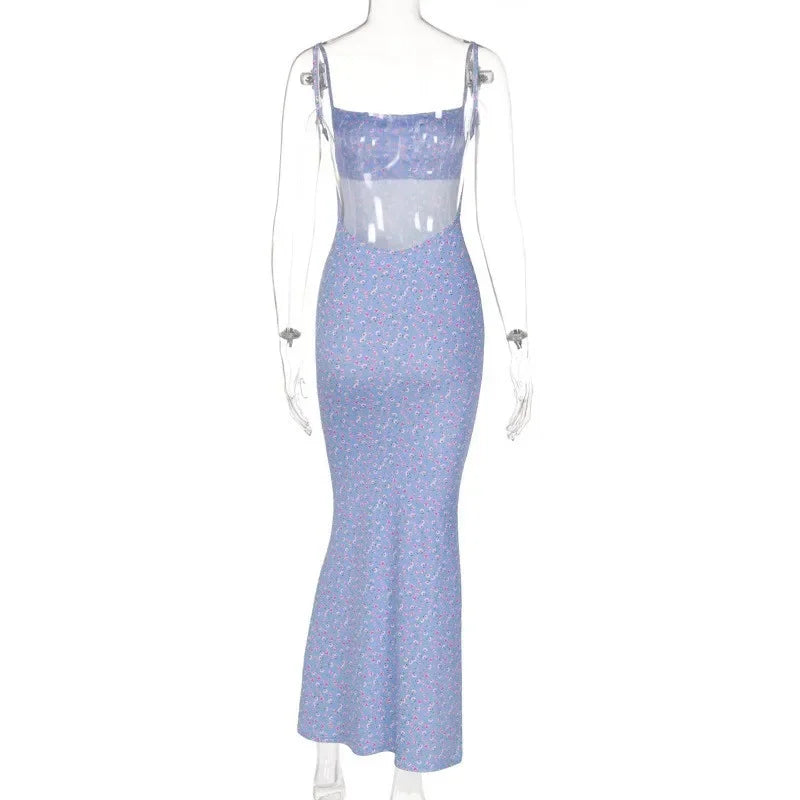 Long Floral Suspender Dress Nsummer Sexy Backless Slimming Beach Dress Fashionable Simple Printed Banquet Women's Clothing