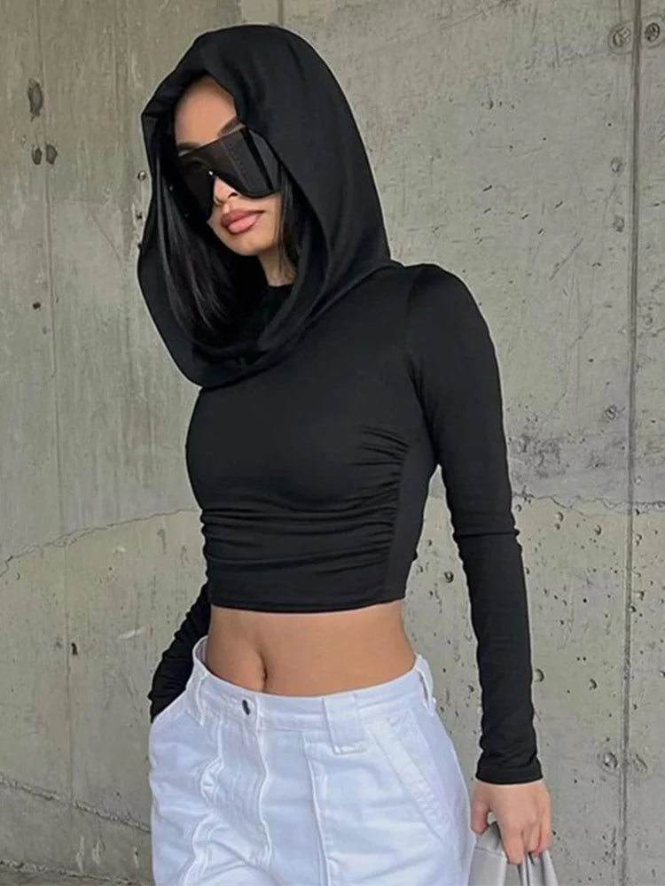 Women's Hooded Crop Tops Autumn Solid Color Long Sleeve Cowl Neck Slim Fit Short T-Shirt Streetwear Sporty Basics Tees