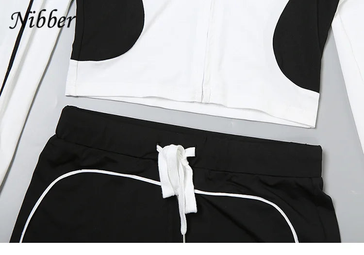 Nibber Casual Sporty 2piece Set Women Fall Trend Zip Hipster Patchwork Crop Jacket+Shorts Matching Classic Tracksuit Outfits