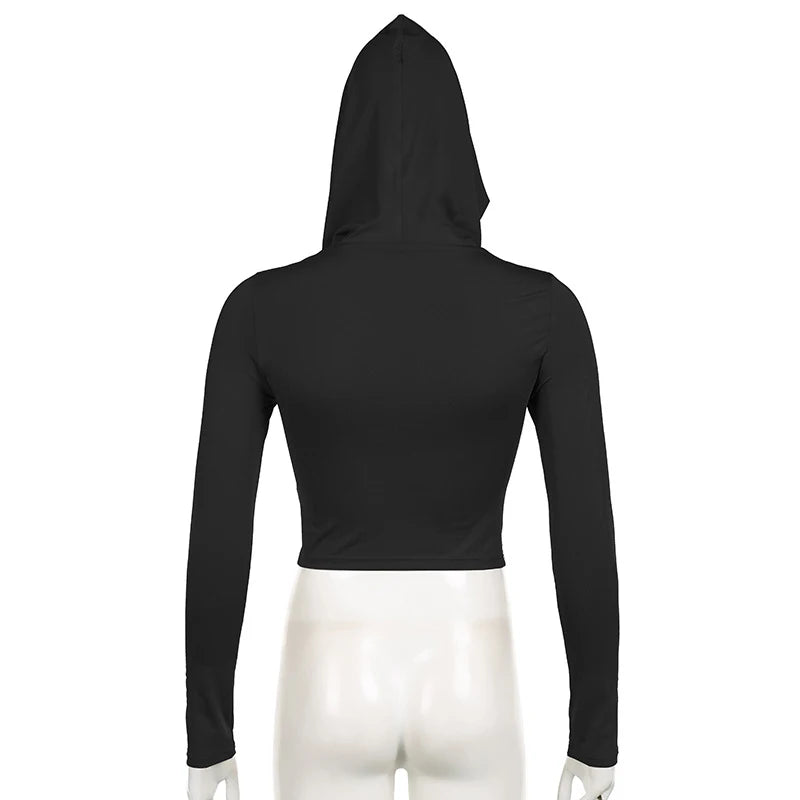 Women's Hooded Crop Tops Autumn Solid Color Long Sleeve Cowl Neck Slim Fit Short T-Shirt Streetwear Sporty Basics Tees