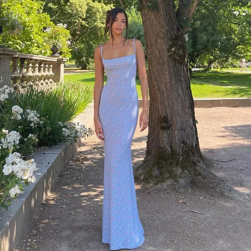 Long Floral Suspender Dress Nsummer Sexy Backless Slimming Beach Dress Fashionable Simple Printed Banquet Women's Clothing