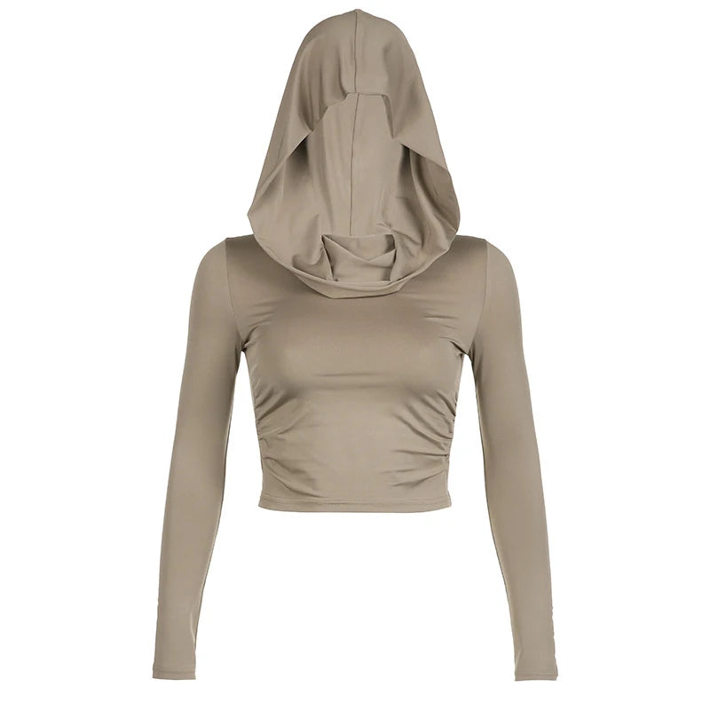 Women's Hooded Crop Tops Autumn Solid Color Long Sleeve Cowl Neck Slim Fit Short T-Shirt Streetwear Sporty Basics Tees