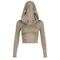 Women's Hooded Crop Tops Autumn Solid Color Long Sleeve Cowl Neck Slim Fit Short T-Shirt Streetwear Sporty Basics Tees