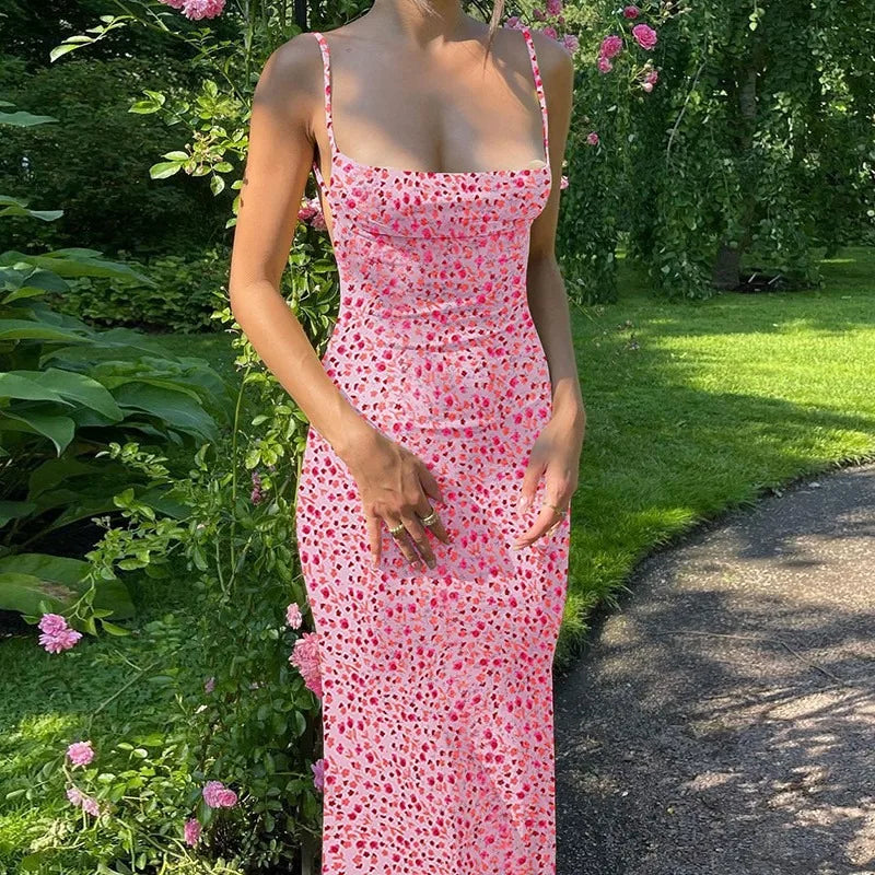 Y2K Floral Print Spaghetti Strap Bodycon Sundress Deep V Neck Long Dress Sexy Backless Summer Dresses Streetwear