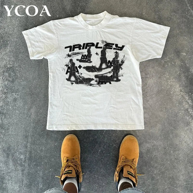 Men T-Shirt Graphic Oversized Y2k Top Vintage Hip Hop Harajuku Streetwear Fashion Cotton Short Sleeve Tee Korean Popular Clothes
