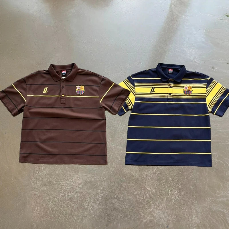 Y2k Retro Harajuku T Shirt Two Color Embroidered Logo Striped Patchwork Barca Polo Shirt Trendy Hiphop Men Women Oversized Tops