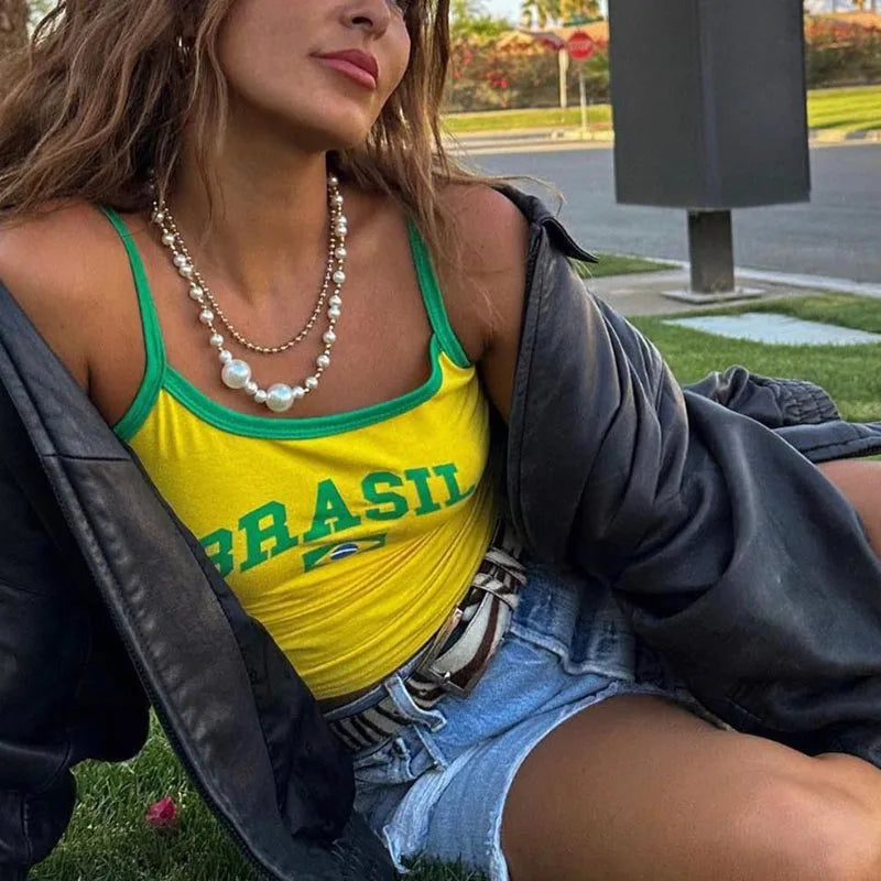 Summer Women BRASIL Letter Graphic Y2K Clothes T-shirt Streetwear Crop Top Aesthetic Goth Harajuku Tees Slim T Shirt Vintage Emo