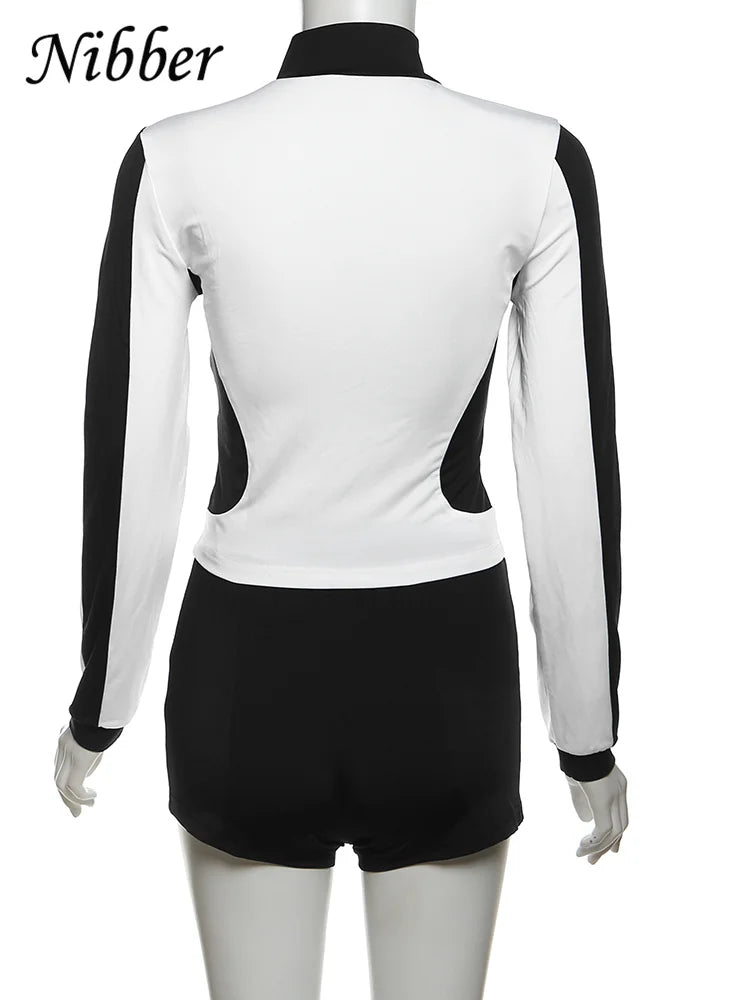 Nibber Casual Sporty 2piece Set Women Fall Trend Zip Hipster Patchwork Crop Jacket+Shorts Matching Classic Tracksuit Outfits