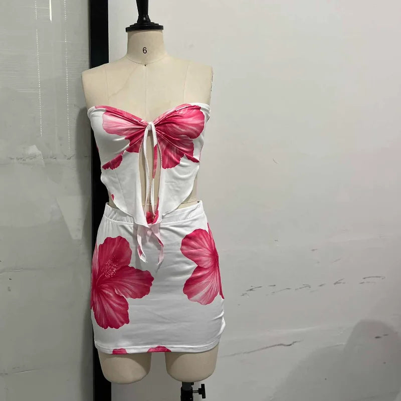 Sexy Slim Fit Short Skirt 2-piece Set Flower Printed Women Backless Off Shoulder Split Ruffle Bikini Tops Sets Female Beachwear