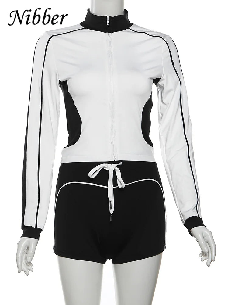Nibber Casual Sporty 2piece Set Women Fall Trend Zip Hipster Patchwork Crop Jacket+Shorts Matching Classic Tracksuit Outfits