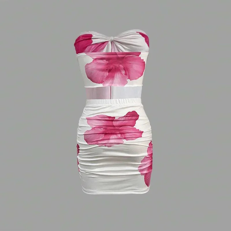 Sexy Slim Fit Short Skirt 2-piece Set Flower Printed Women Backless Off Shoulder Split Ruffle Bikini Tops Sets Female Beachwear