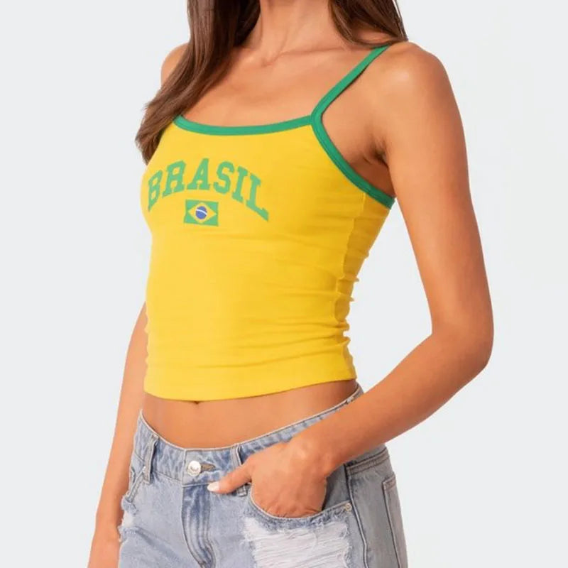 Summer Women BRASIL Letter Graphic Y2K Clothes T-shirt Streetwear Crop Top Aesthetic Goth Harajuku Tees Slim T Shirt Vintage Emo