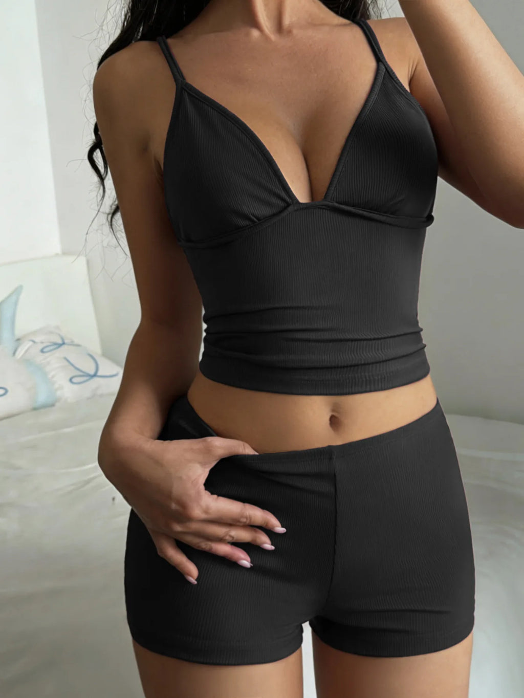 Women Ribbed Knit Cami Top Shorts 2 Piece Set Sleeveless V Neck Loungewear Pajama Set Casual Summer Streetwear Outfit Homewear