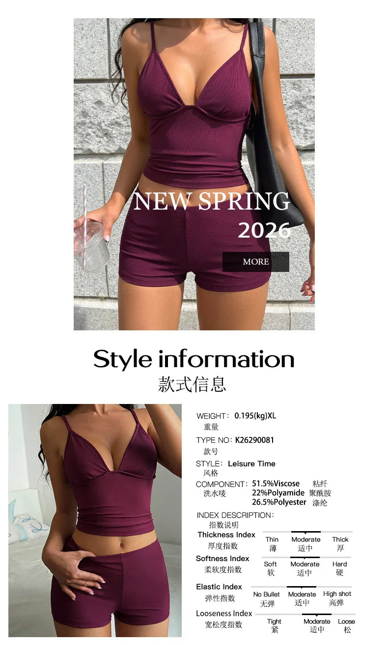 Women Ribbed Knit Cami Top Shorts 2 Piece Set Sleeveless V Neck Loungewear Pajama Set Casual Summer Streetwear Outfit Homewear