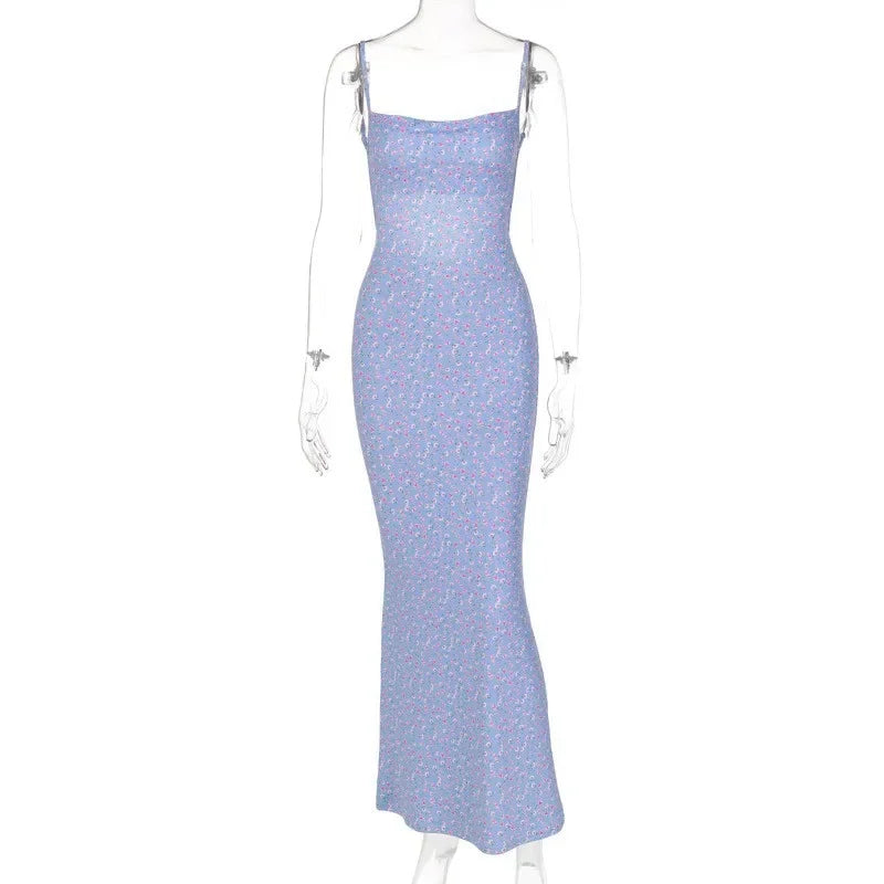 Long Floral Suspender Dress Nsummer Sexy Backless Slimming Beach Dress Fashionable Simple Printed Banquet Women's Clothing