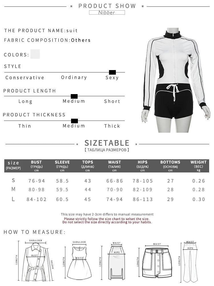 Nibber Casual Sporty 2piece Set Women Fall Trend Zip Hipster Patchwork Crop Jacket+Shorts Matching Classic Tracksuit Outfits