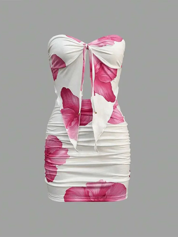 Sexy Slim Fit Short Skirt 2-piece Set Flower Printed Women Backless Off Shoulder Split Ruffle Bikini Tops Sets Female Beachwear