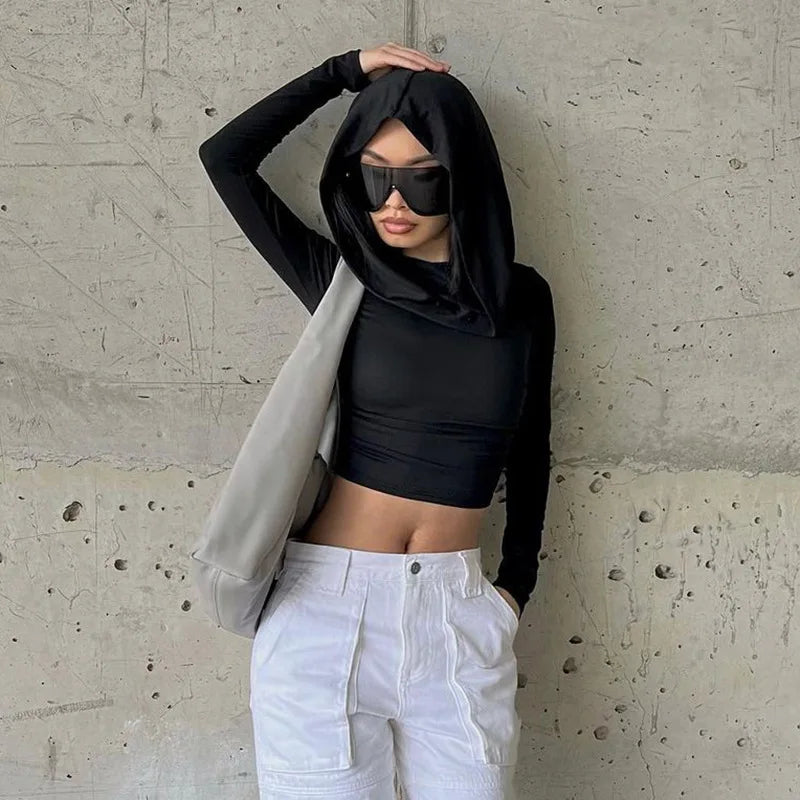 Women's Hooded Crop Tops Autumn Solid Color Long Sleeve Cowl Neck Slim Fit Short T-Shirt Streetwear Sporty Basics Tees