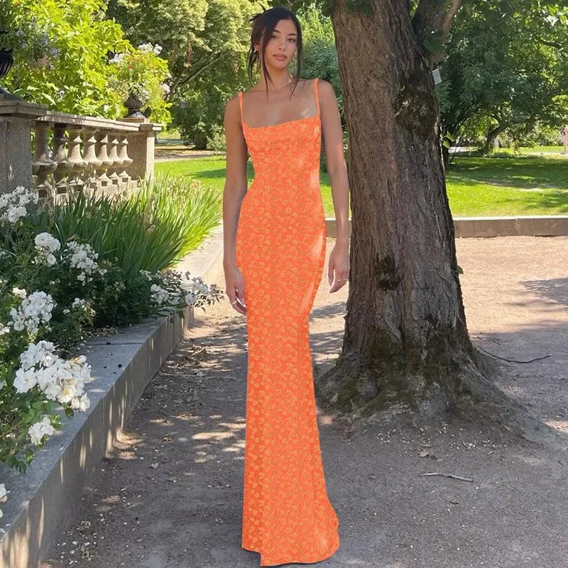 Long Floral Suspender Dress Nsummer Sexy Backless Slimming Beach Dress Fashionable Simple Printed Banquet Women's Clothing